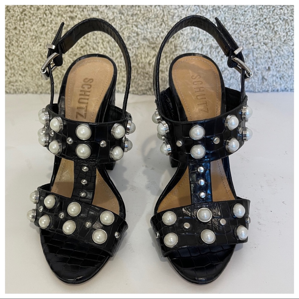 Schutz Zarita Sandal Black Leather open Toe Pearl Pump (6) - Picture 8 of 13